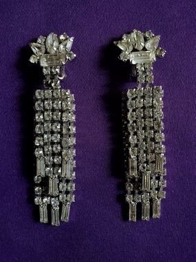 Ledo Script Stamped 1950s Vintage Silver Rhinestone Fringe Drop Earrings